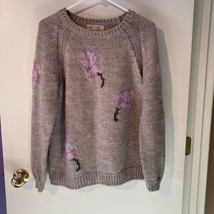 Philosophy Gray and Pink Crew Neck Sweater with Floral Embroidery